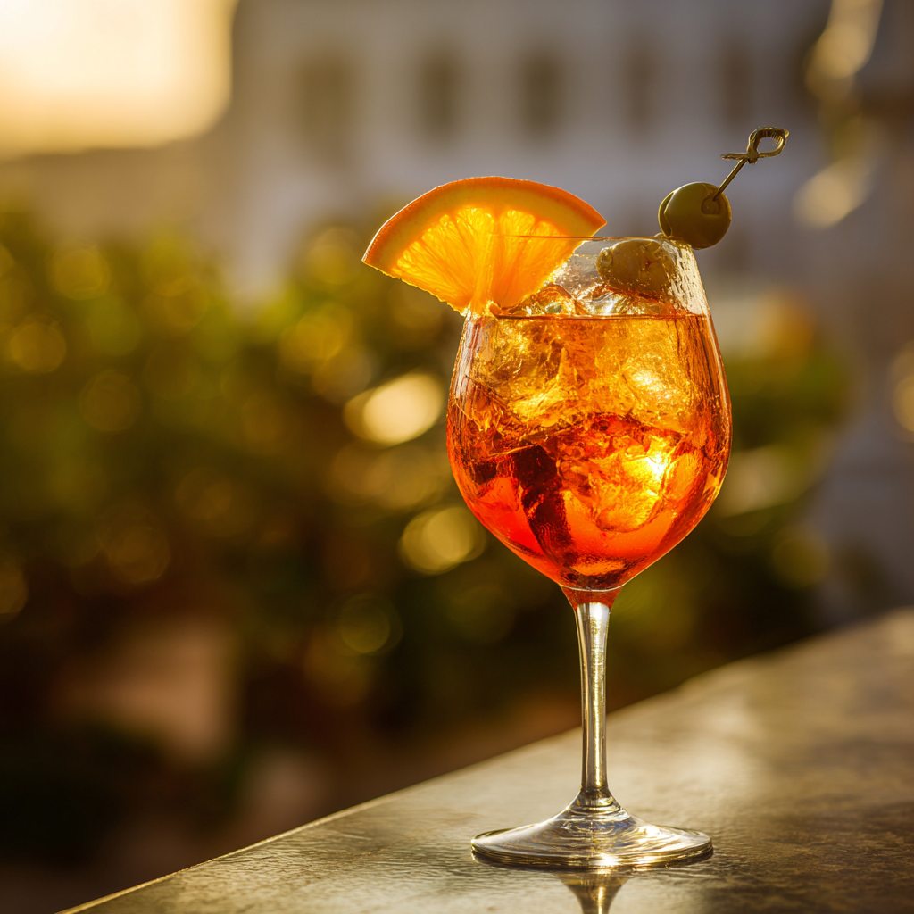 Aperol Spritz in a balloon wine glass with orange slice and green olive garnish