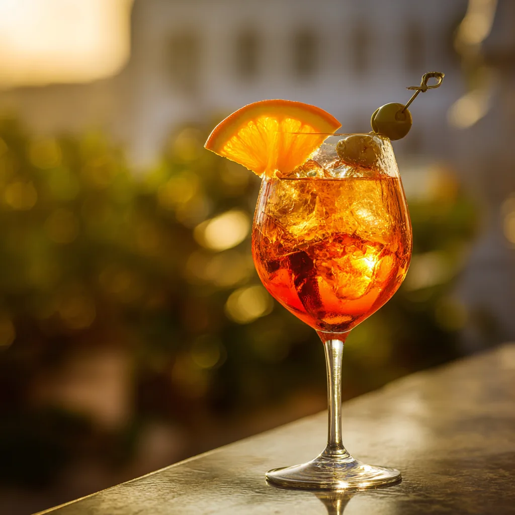 Aperol Spritz in a balloon wine glass with orange slice and green olive garnish