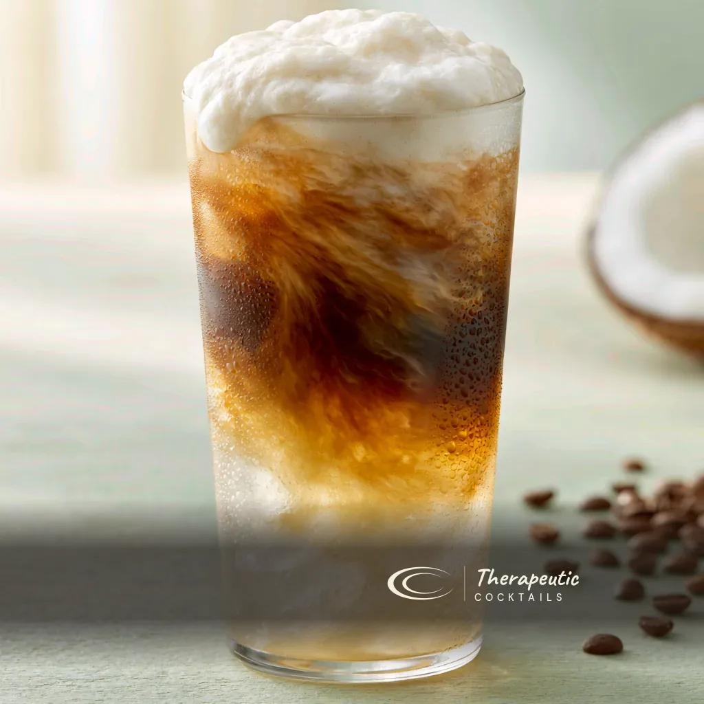 Cloud coffee — espresso over coconut water topped with a cloud of frothed oat milk