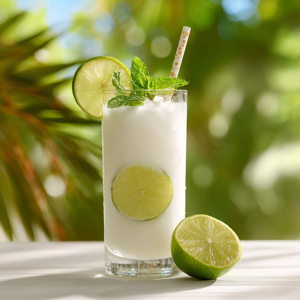 Coconut lime cooler mocktail in a tall glass with lime and mint garnish