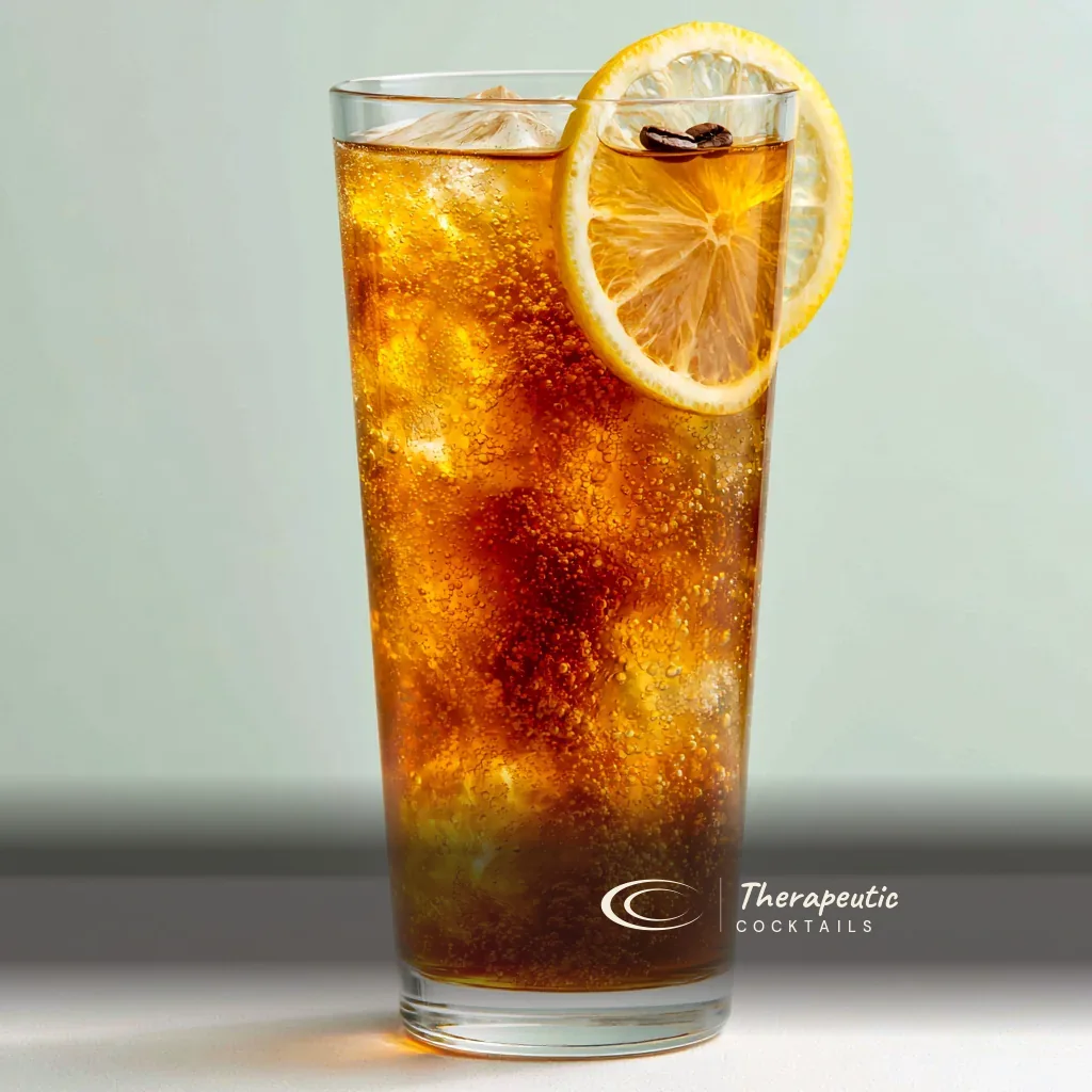 Coffee soda in a tall glass — sparkling cold brew over ice with a lemon wheel