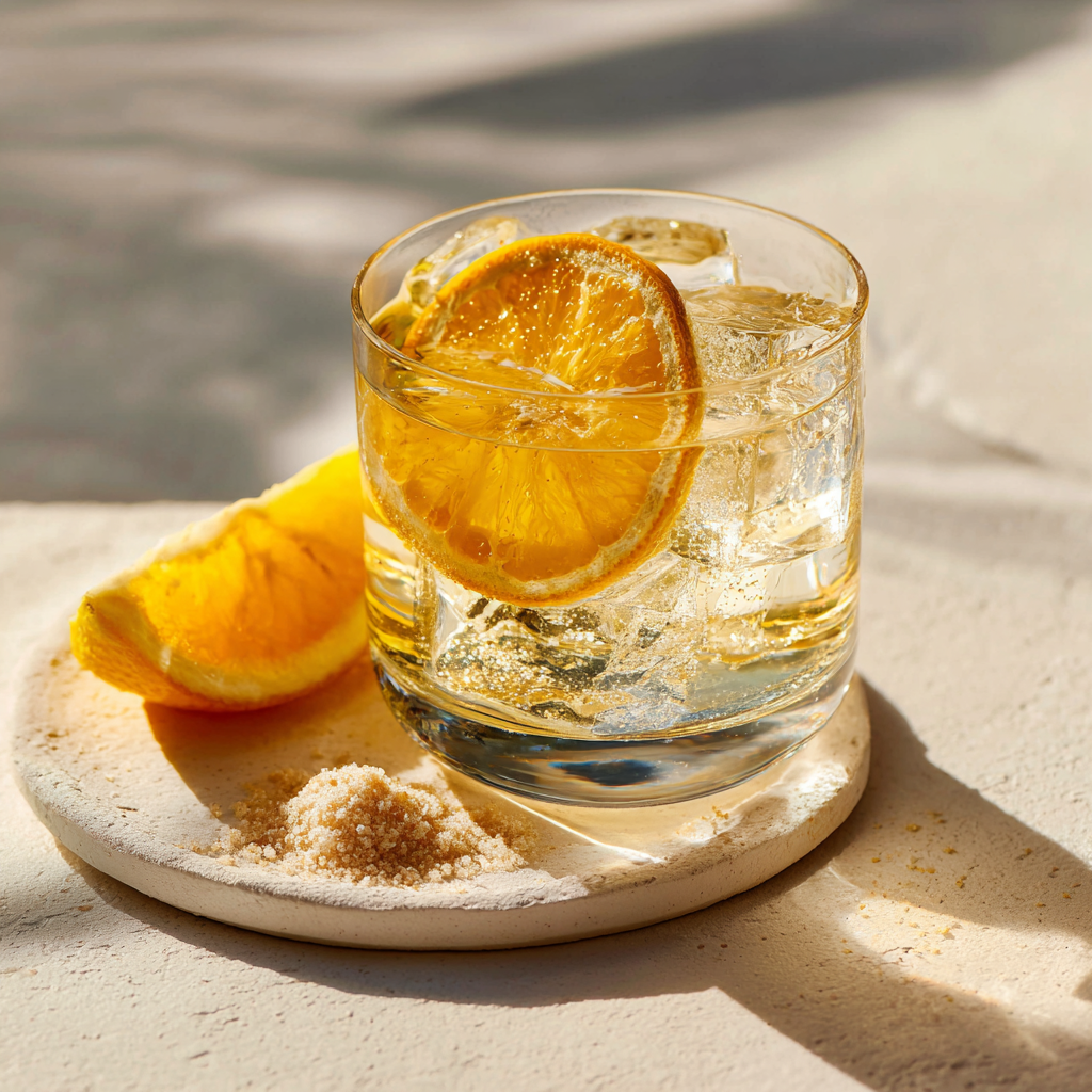 Cortisol cocktail wellness mocktail in a mason jar with orange garnish and morning light