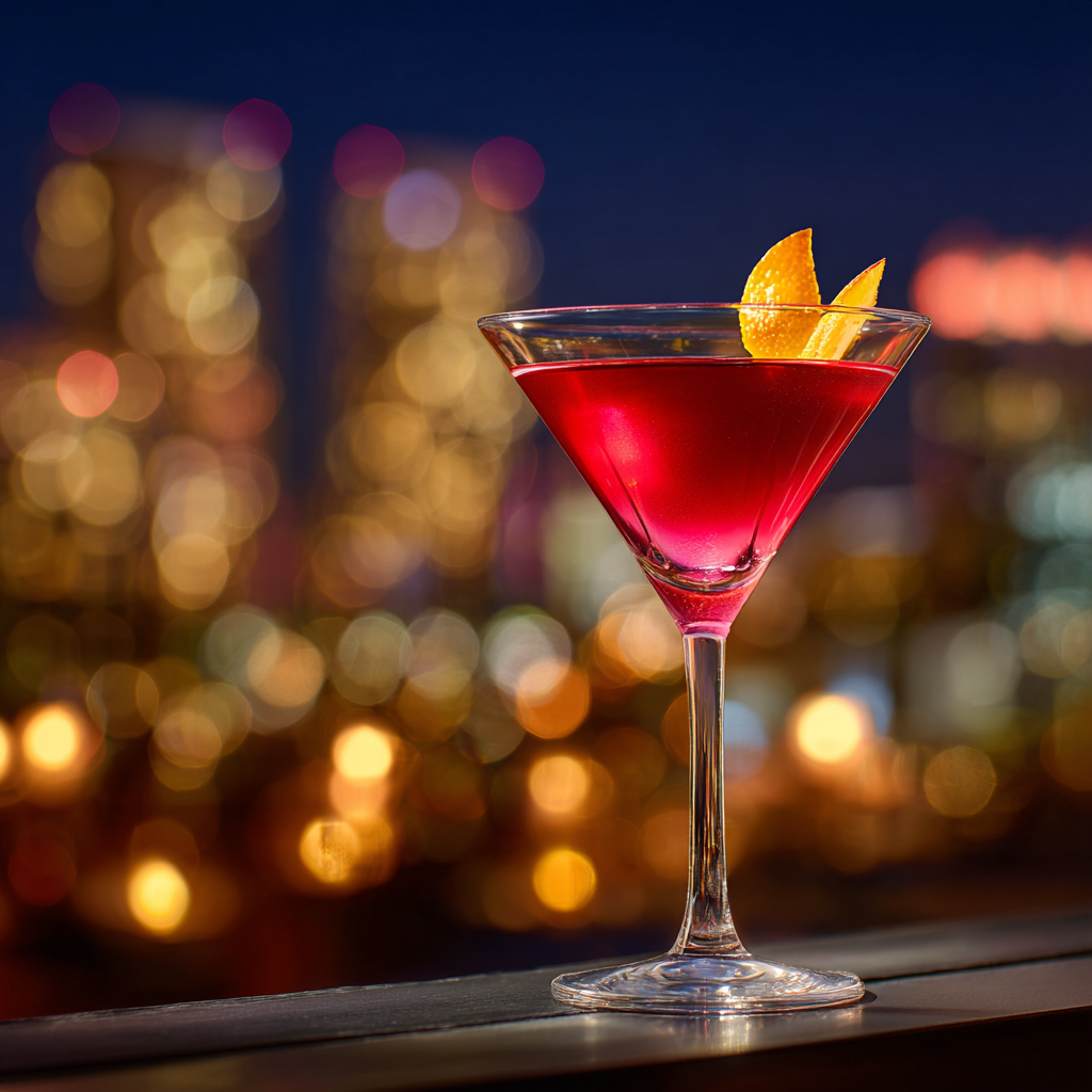 Cosmopolitan cocktail in a martini glass with a flamed orange peel garnish