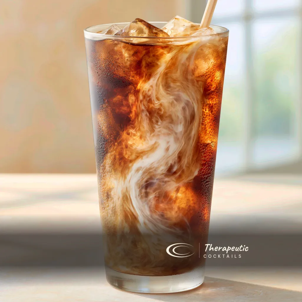 Dirty coffee — cold brew over ice with coconut cream swirling through in marbled clouds