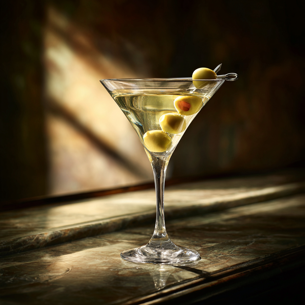 Dirty martini in a chilled martini glass with three olives on a silver pick