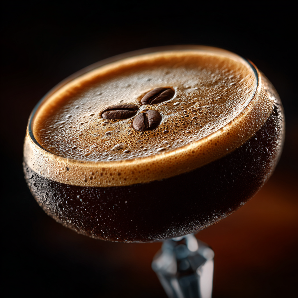 Espresso martini in a chilled coupe glass topped with thick espresso foam and three coffee beans