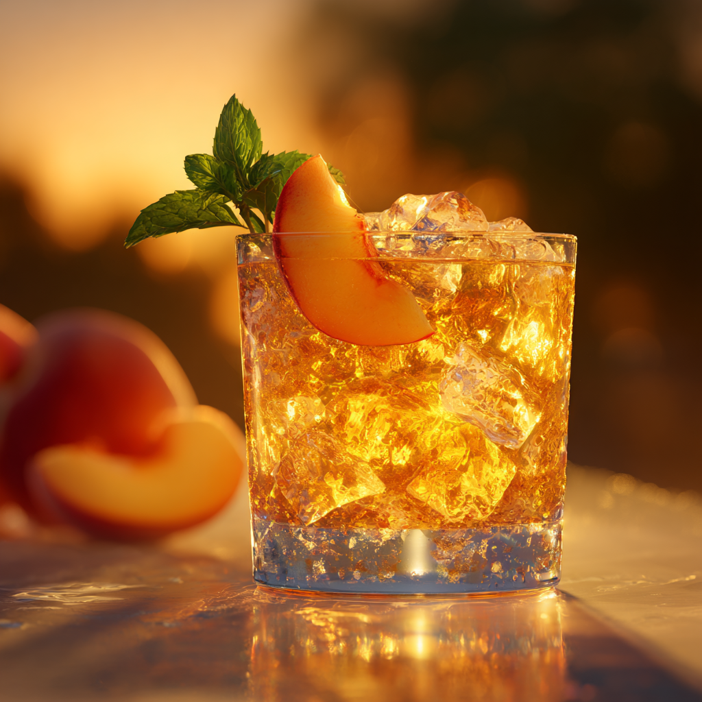 Ginger peach smash mocktail in a rocks glass with peach and mint garnish