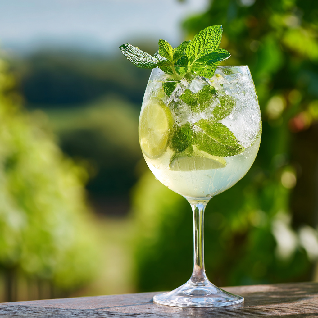 Hugo Spritz in a balloon wine glass with fresh mint and lime garnish