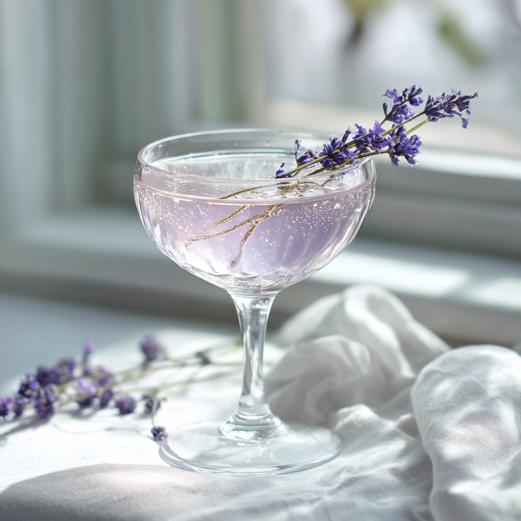 Lavender honey spritz mocktail in a coupe glass with lavender sprig garnish