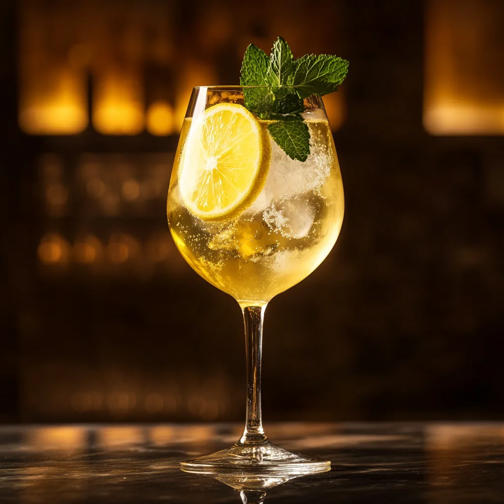 Limoncello Spritz in a balloon wine glass over ice with a lemon wheel and mint, in bright daylight