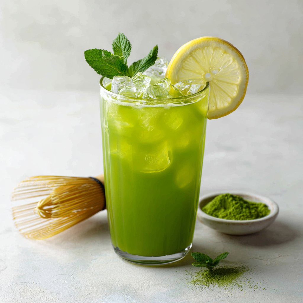 Matcha adaptogen lemonade mocktail in a tall glass with lemon garnish