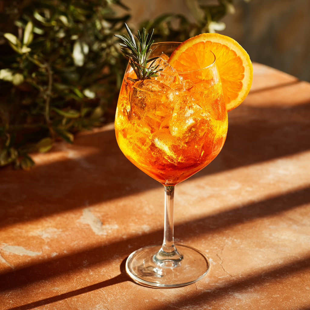 NA Aperol-style spritz in a balloon wine glass with orange and rosemary garnish