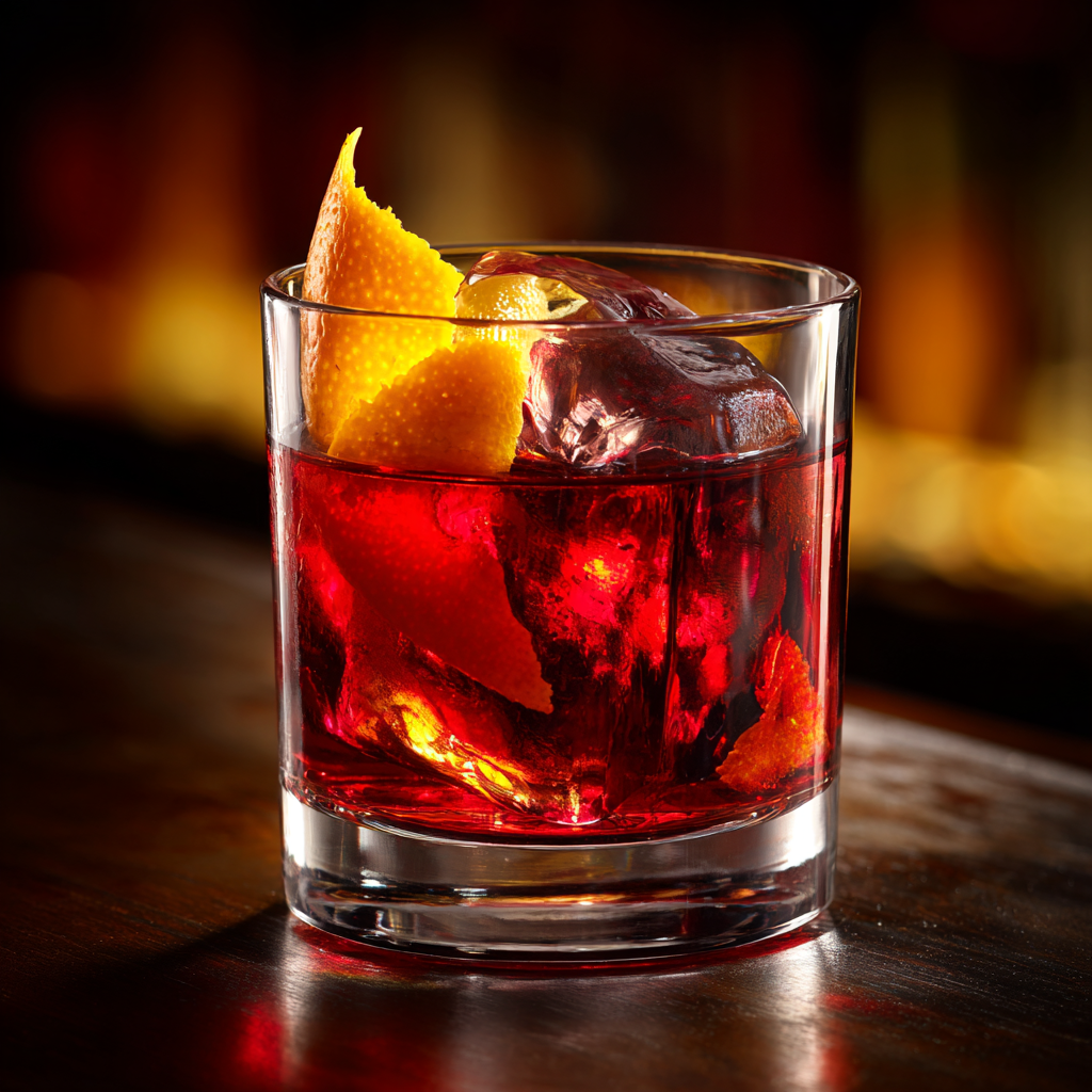 Negroni in a rocks glass with large ice sphere and orange peel garnish