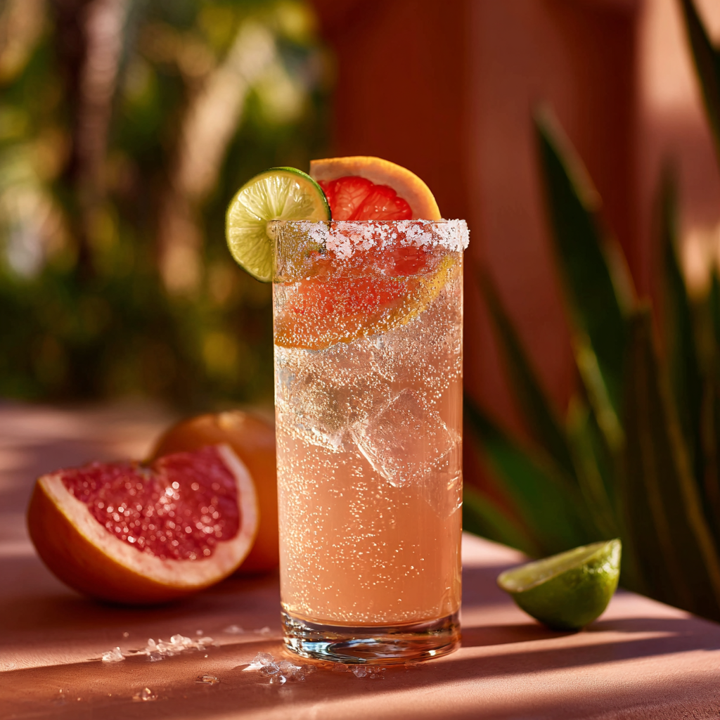 Paloma cocktail in a highball glass with salt rim and grapefruit garnish