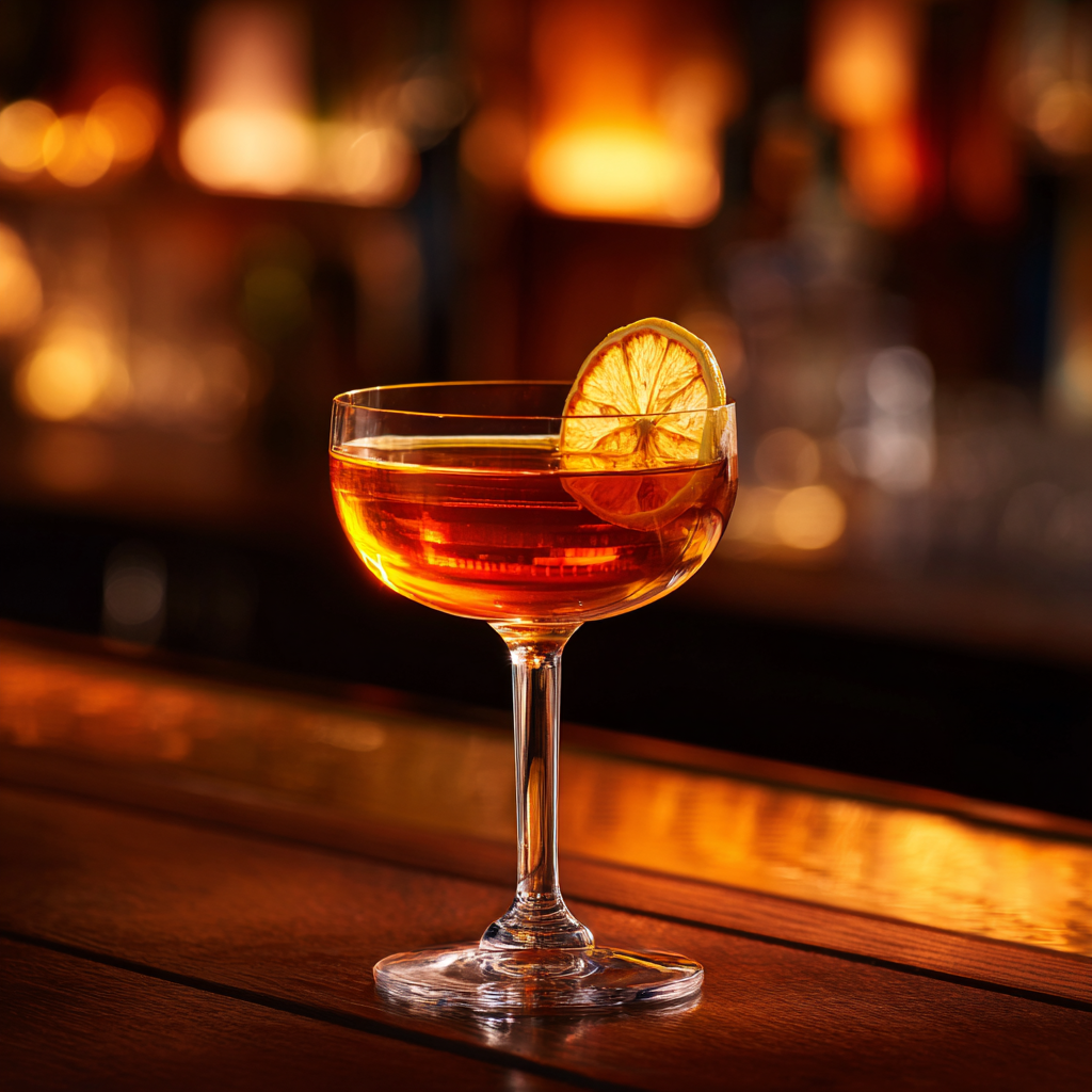 Paper Plane cocktail in a chilled coupe with amber color and lemon garnish