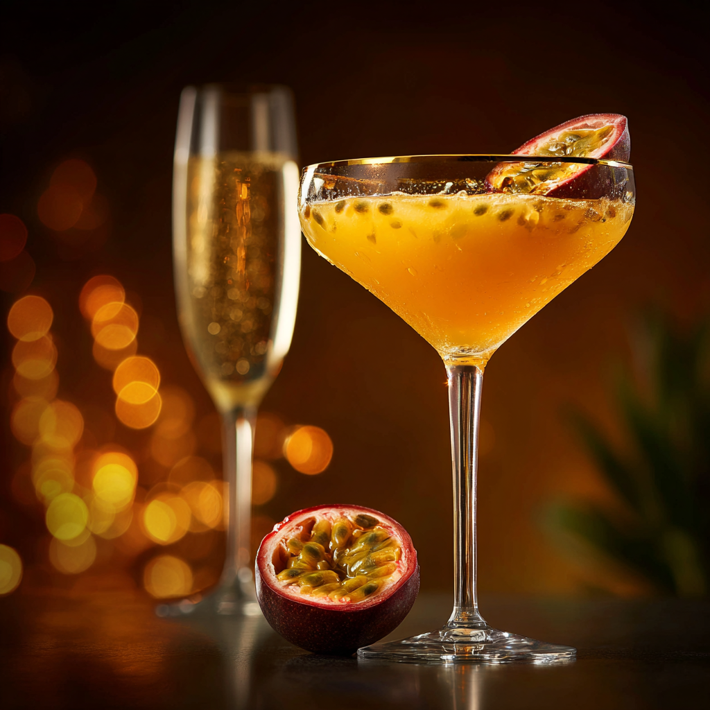 Porn Star Martini in a martini glass with a passion fruit half garnish and prosecco shot on the side