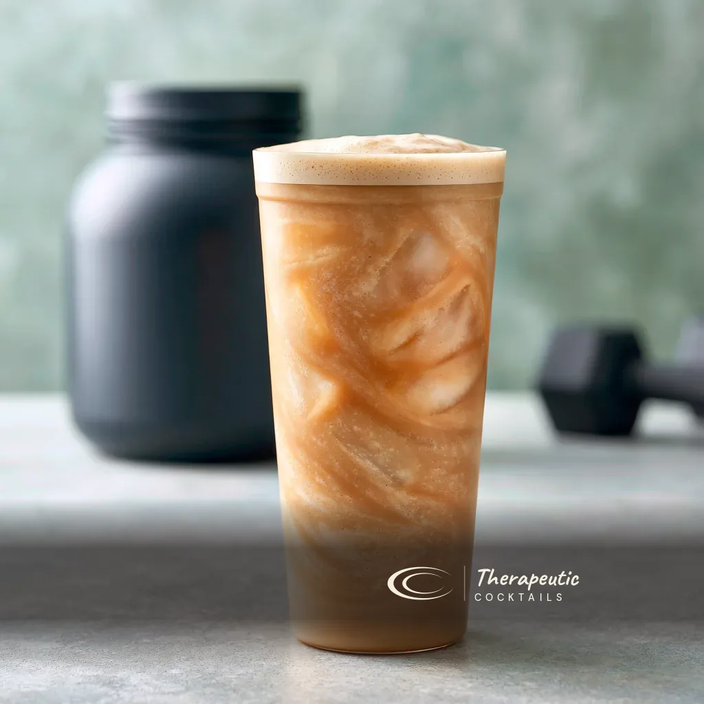 Proffee — cold brew blended with vanilla protein over ice in a tall tumbler