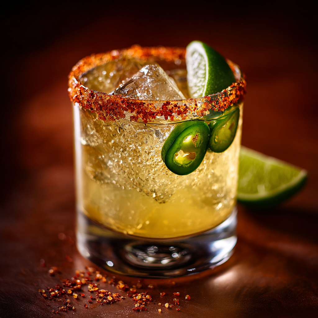 Spicy margarita in a rocks glass with chili-salt rim and jalapeño garnish