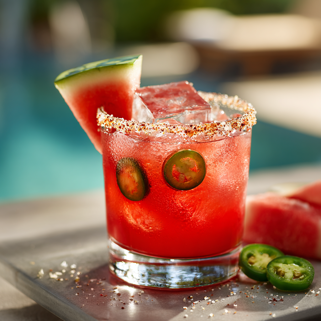 Spicy watermelon margarita mocktail in a rocks glass with chili rim and jalapeño garnish