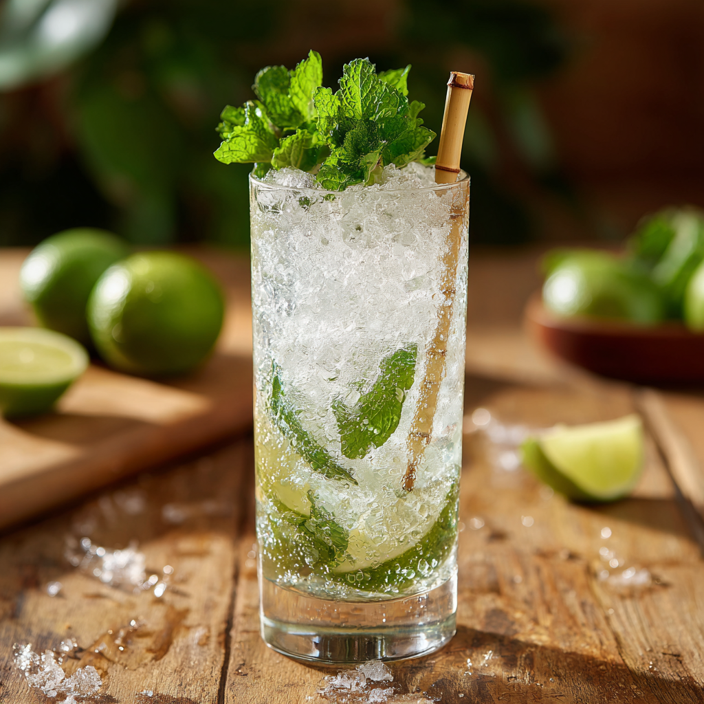 Virgin mojito mocktail in a tall glass with crushed ice, fresh mint and lime