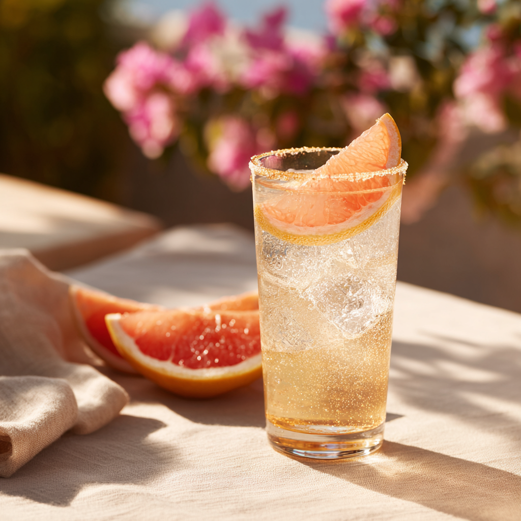 Virgin Paloma mocktail in a highball glass with salt rim and grapefruit garnish