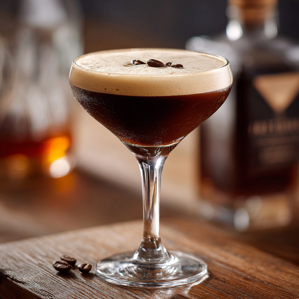 Zero-proof espresso martini in a chilled coupe with foam and three coffee beans
