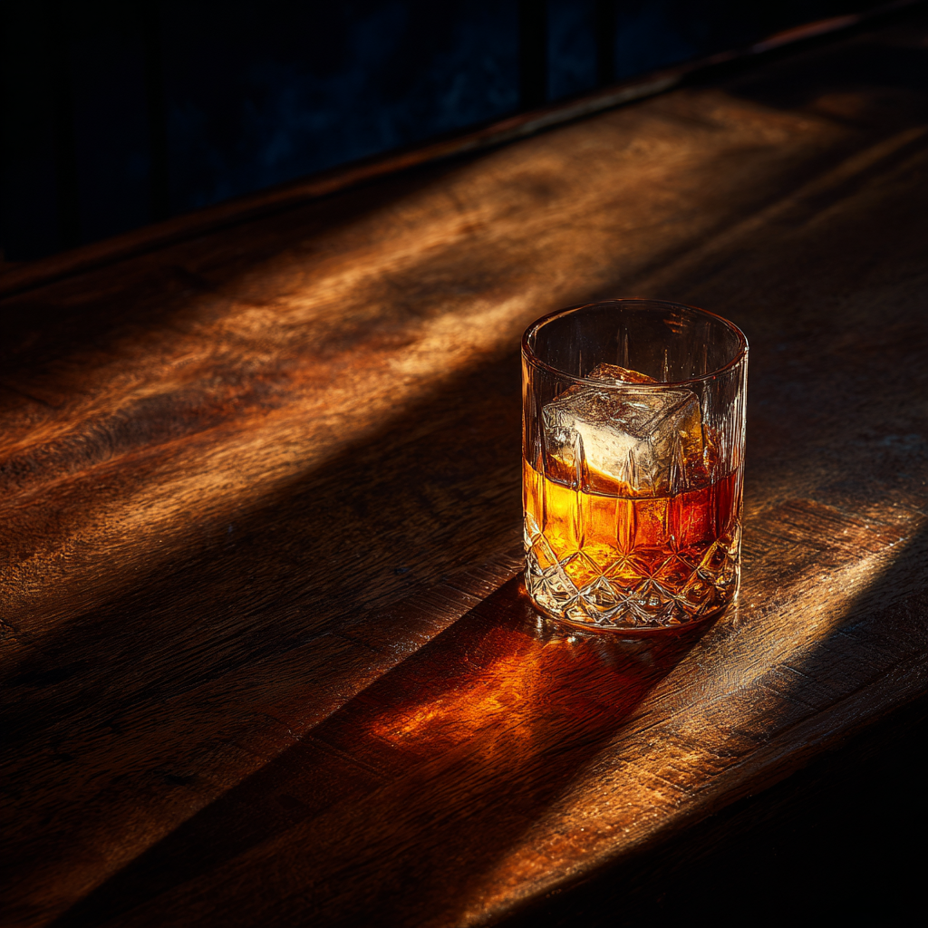 A whisky glass with dark stirred cocktail and large ice cube under a single overhead spotlight