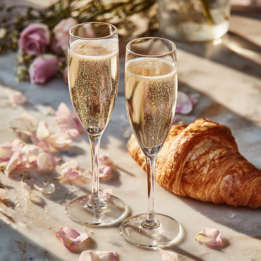 Two champagne flutes clinking over a sunlit marble table with scattered flower petals