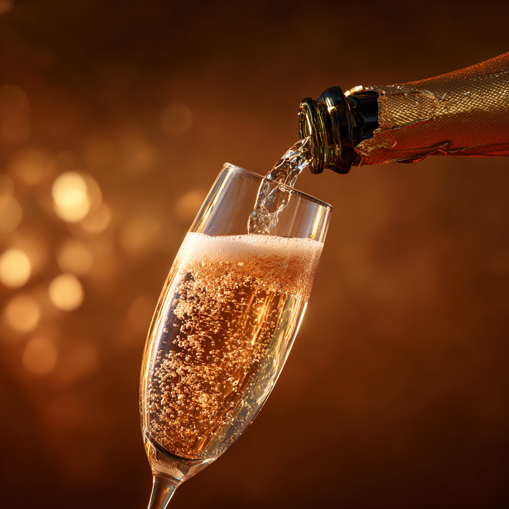 Champagne bottle mid-pour into a crystal flute with bubbles in motion against warm cream background