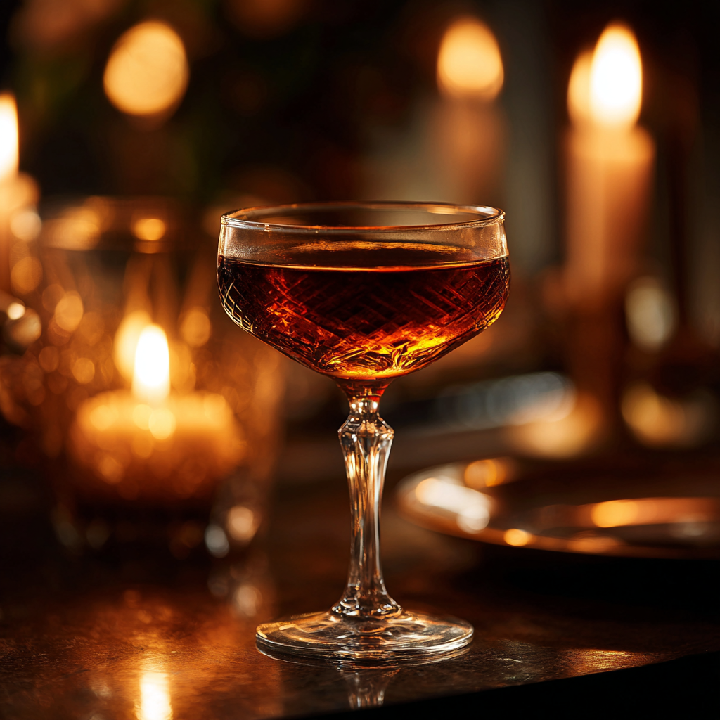 A single coupe glass with amber cocktail on a candlelit table, warm bokeh background
