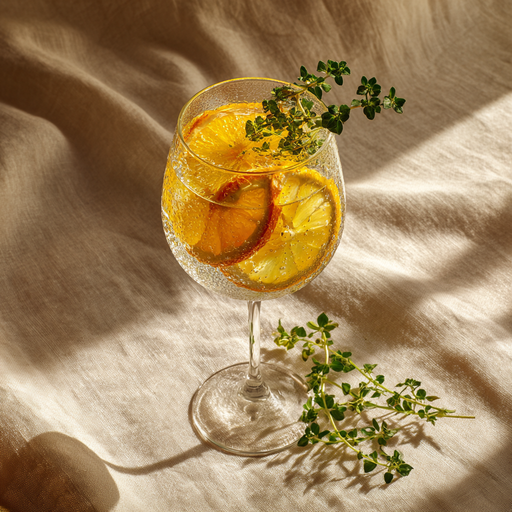 A condensation-covered wine glass with citrus slices on warm linen in golden hour light