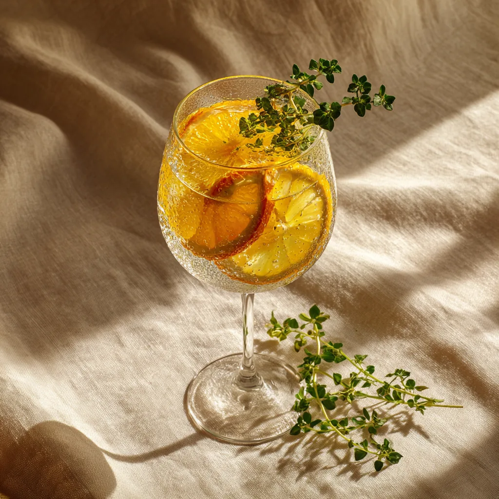 A condensation-covered wine glass with citrus slices on warm linen in golden hour light