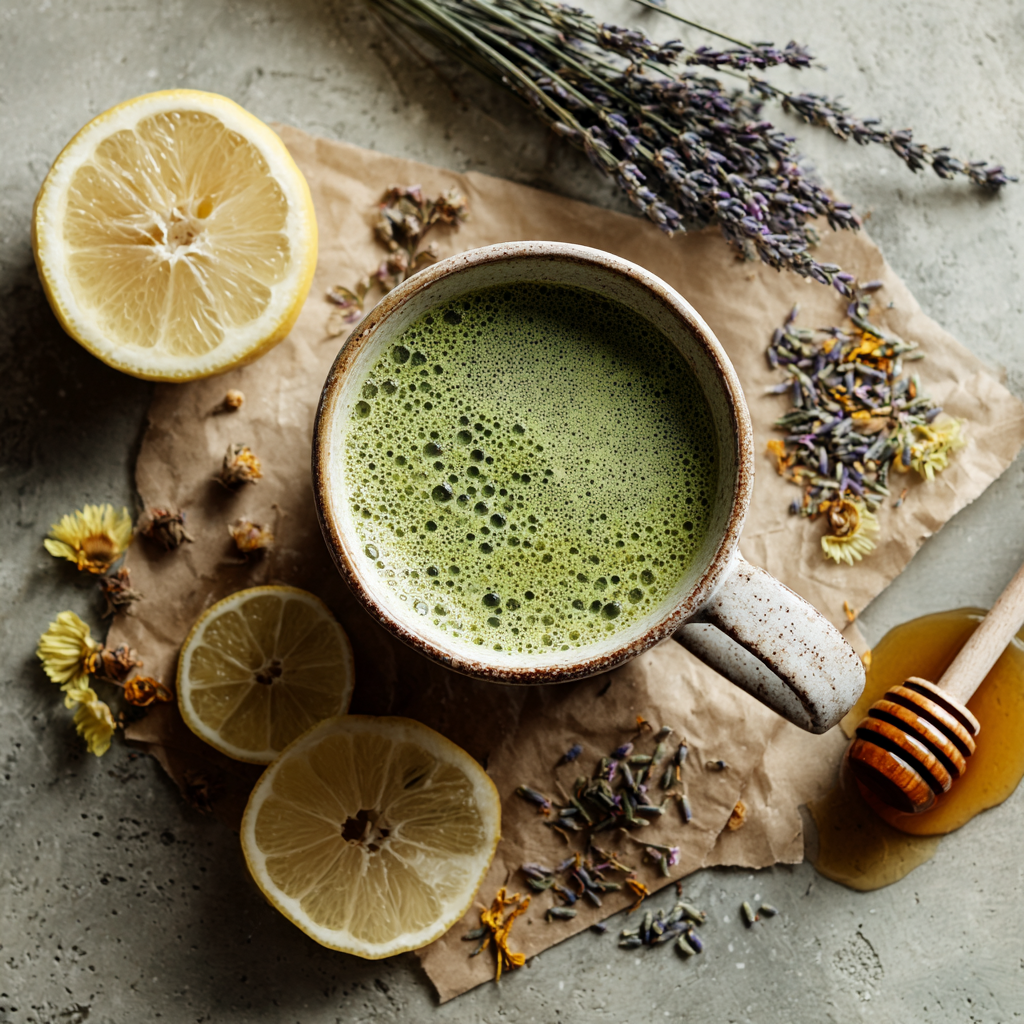 Overhead flat lay of a matcha drink in a ceramic cup surrounded by dried botanicals on aged parchment